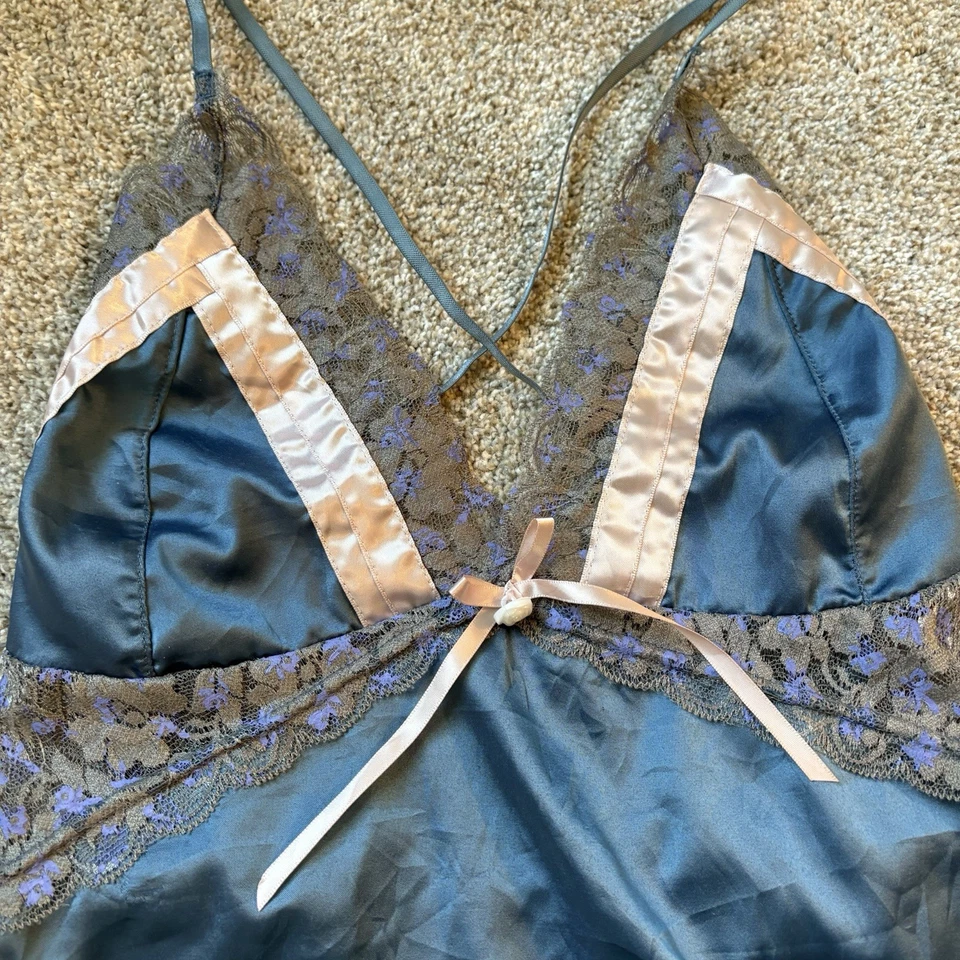 Синий атласный плюшевый мишка с кружевом от Coquette - размер большой - Snap промежности ленты бант - Изображение 4 из 4