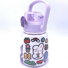 Kawaii Water Bottle With Straw Leakproof Jug With Portable Strap -Purple