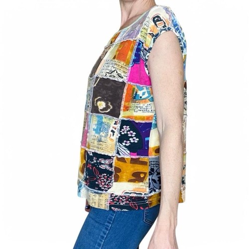 Retro Hippie Patchwork Floral Butterfly Printed Colorful Sleeveless Shirt - Picture 2 of 8