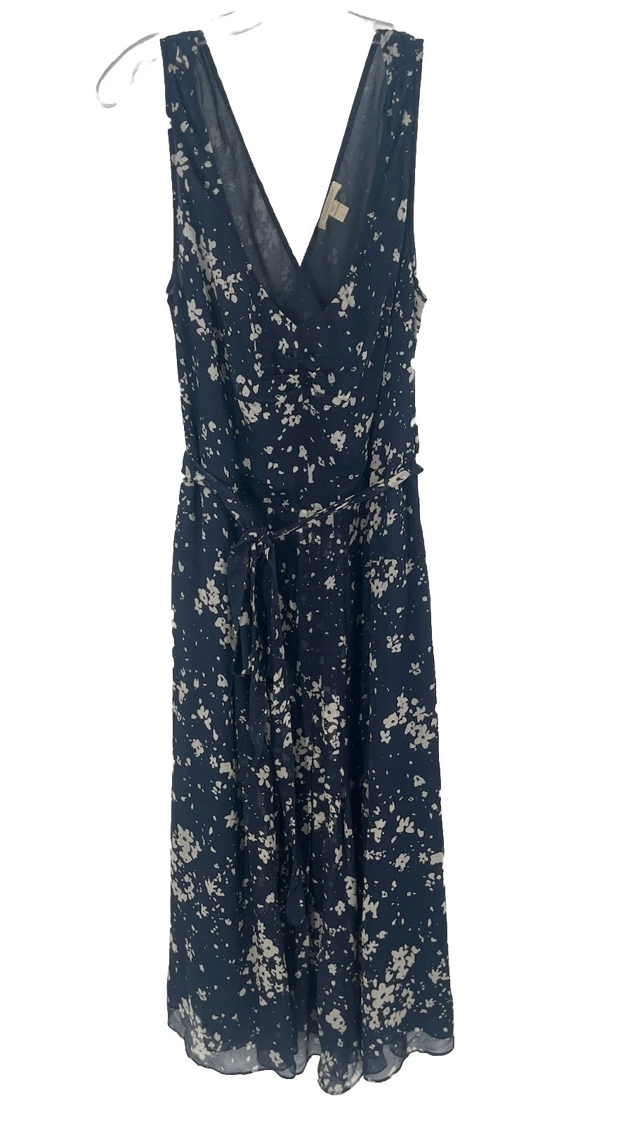 Abito midi Burberry Brit blu navy floreale seta senza maniche taglia 14