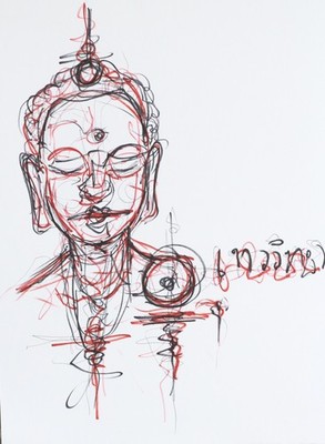 Buddha Original Ausdrucksstarke Tuschezeichnung auf Papier A2