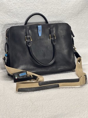 Piquadro leather Blue Square Laptop Briefcase W/keychain Studded Italy