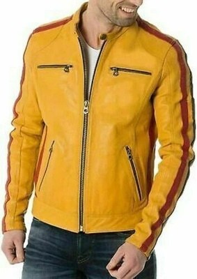 Men's Yellow Real Lambskin Leather Biker Jacket Racing Stripe Motorcycle Coat