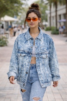 Vintage 80s Acid Wash Denim Jean Jacket Distressed Large Generation Blues