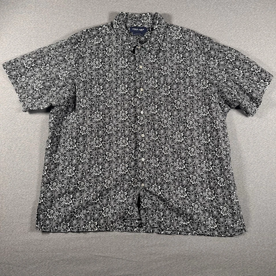 复古 Polo Ralph Lauren 衬衫男式 2XL Clayton 亚麻花卉营地短袖 AOP — 第 3/4 张图片