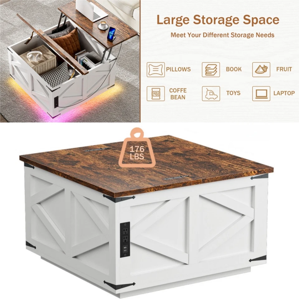 Lift Top Coffee Table with LED Light Smart Farmhouse Living Room Center Table - Image 2 of 4