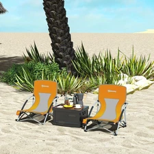 Outsunny Set of 2 Folding Beach Chair with Carry Bag and Cup Holder Orange