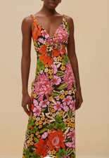 NWOT $260 FARM RIO Black Floral Vivi Rose Linen/Viscose Midi Dress XL