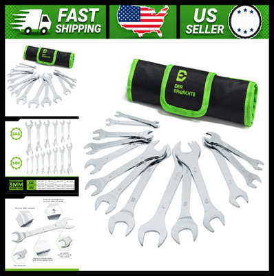 Super-Thin Open End Wrench Set 14-Piece SAE Metric with Rolling Pouch