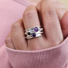 Genuine Amethyst Spinner Ring 925 Sterling Silver Meditation Ring Fidget Ring