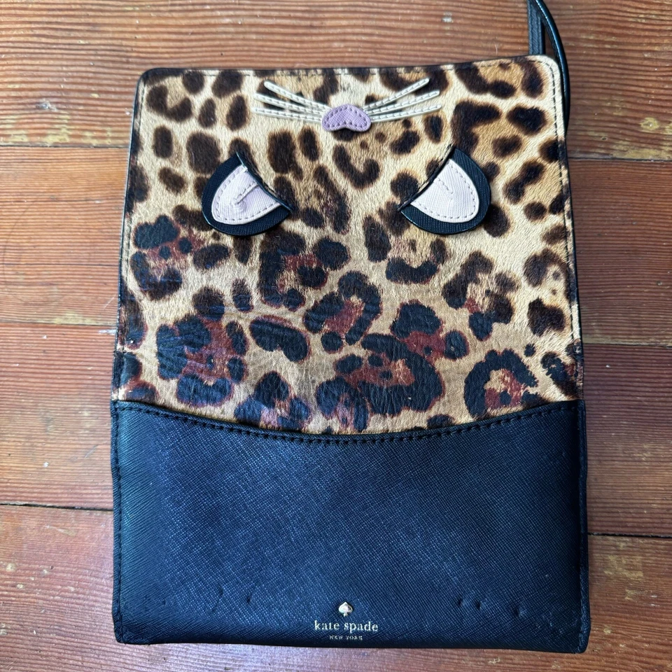 KATE SPADE NY Run Wild Leather Crossbody Leopard Faux Fur Kitty Cat Bag Purse S - Image 3 of 4