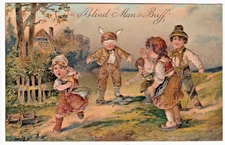PFB #6943 Children Playing Blind Man's Bluff ~ Gilt Embossed Vintage Postcard