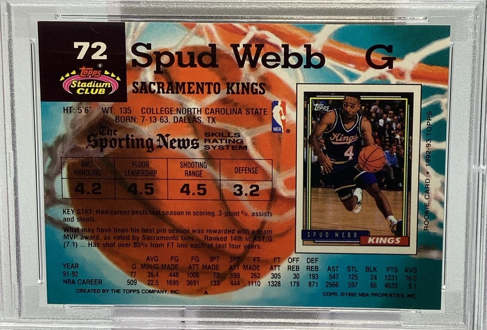 Spud Webb PSA 9 - 1992 Stadium Club - Kings, Hawks, NC State - Dunk Champion - Image 4 of 4