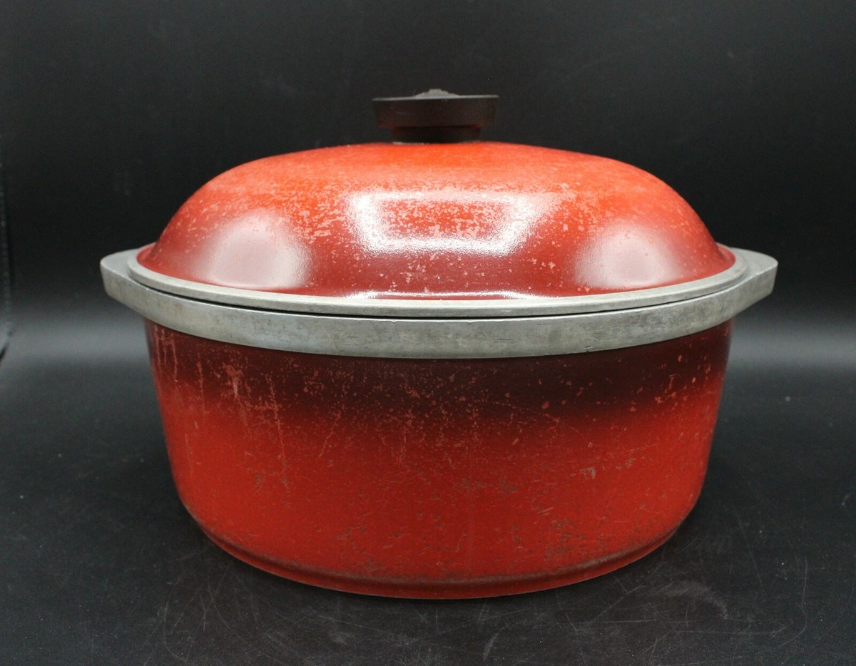 Large Vintage Club Aluminum Red Orange Enamel 5 Qt. Dutch Oven