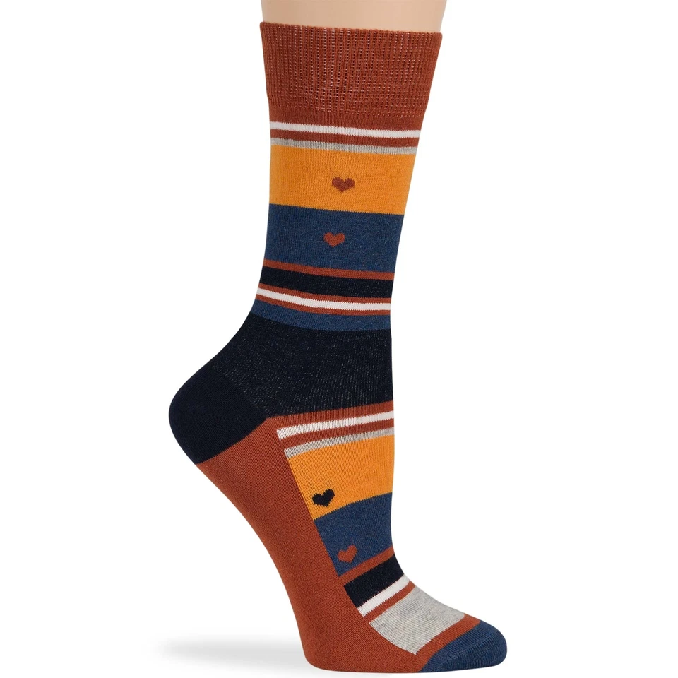 Women Cotton Crew Socks-4 Pack Medium- Heart-Stripe -Navy Blue Brown Orange - Image 4 of 4