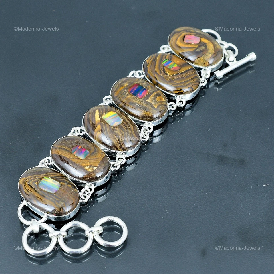 Pulsera bisel cadena ópalo etópico natural en roca plata de ley 925 Foto 4 de 4