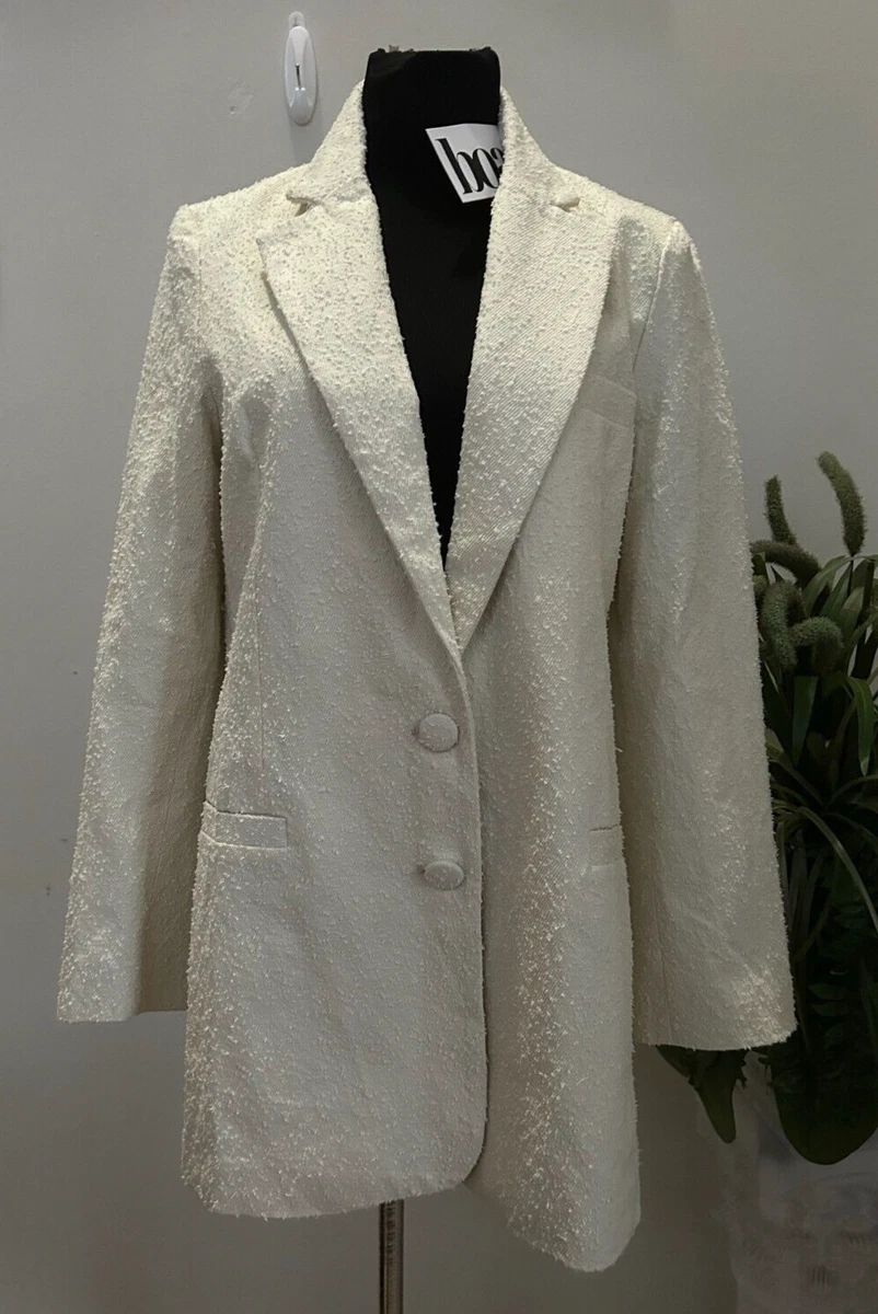 NWT Because of Alice BOA Cream 100 Cotton Boucle Blazer Dress Belt Sz XS S