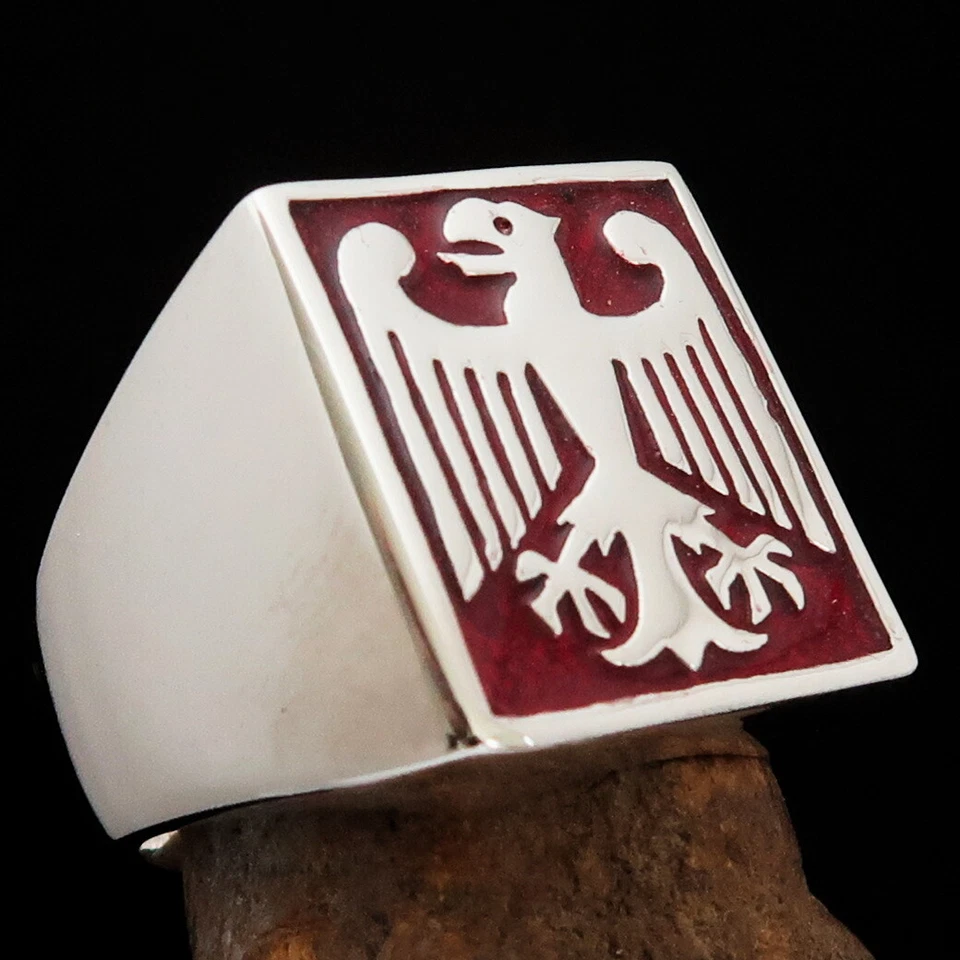 MENS STERLING SILVER BIKER SEAL RING GERMAN EAGLE COAT OF ARMS RED - SIZE 9 - Image 3 of 4