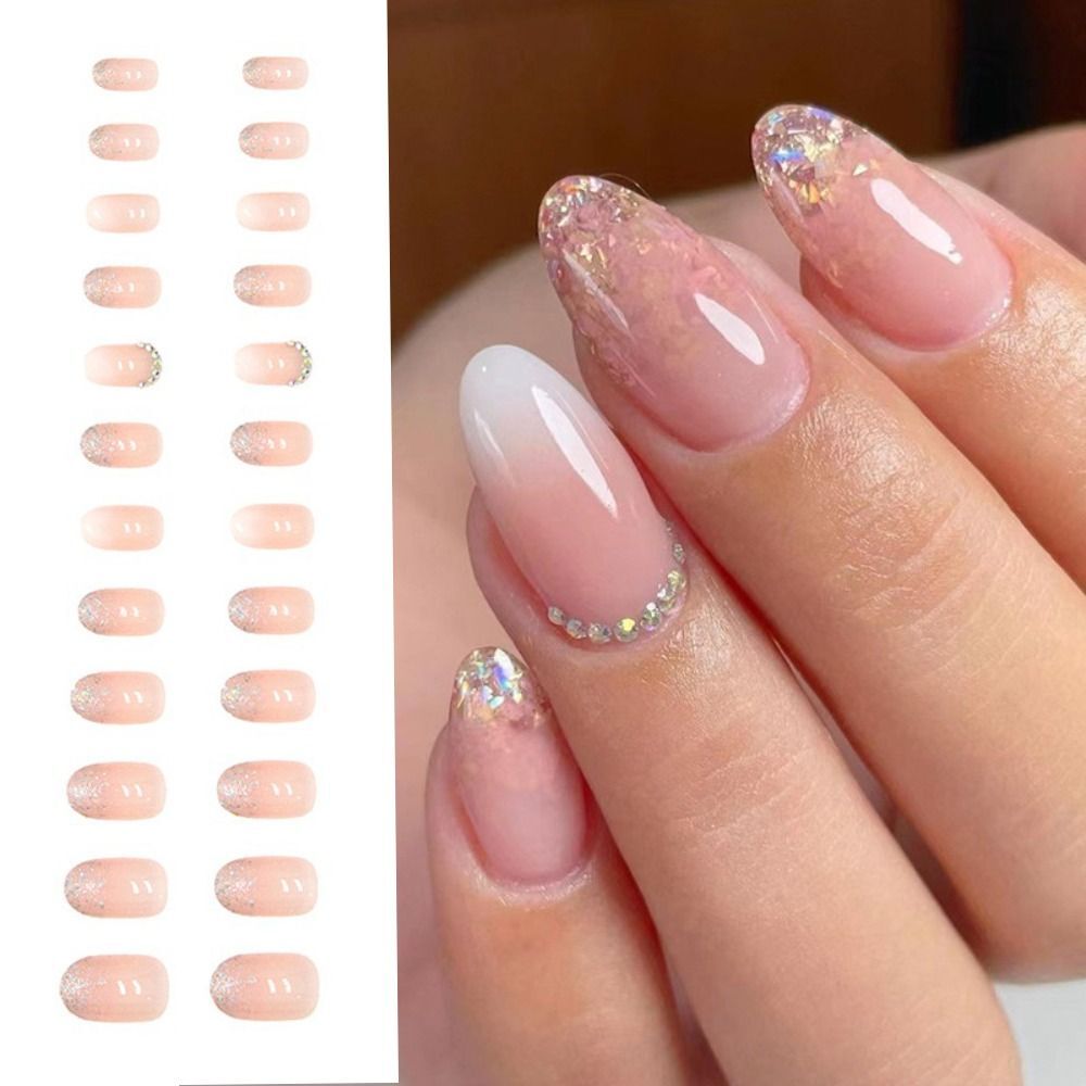 Sethexy Falsche Nägel Mandelform – Braun French Tip Mit Strass, 24 Stück, Inkl. Zubehör