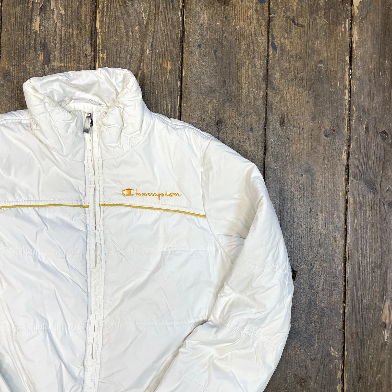 Champion Puffer Jacket Full Zip Script Logo Coat, White, Womens Medium image 2