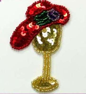 E5843 ~ RED LADIES HAT & STAND SEQUIN BEADED APPLIQUE PATCH