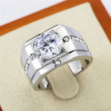 Men Clear CZ Statement Ring Stainless Steel Silver Wedding Engagement Eternity