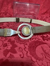 VTG CHICO'S Brown Leather Belt Y2K Hammered Gold  SIlver Metal Buckle S/M
