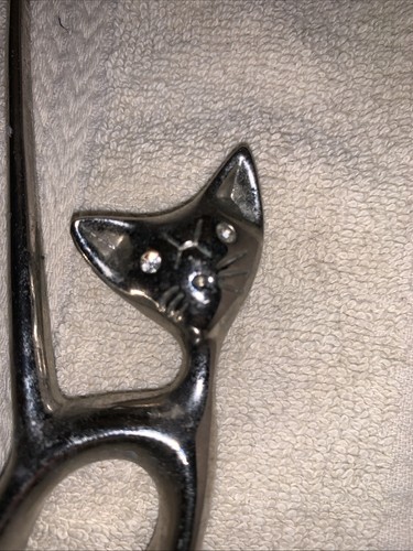 Vintage silberfarbene Katze mit langem Schwanz Ring Halter Strass Augen 2" x 6" - Bild 2 von 4