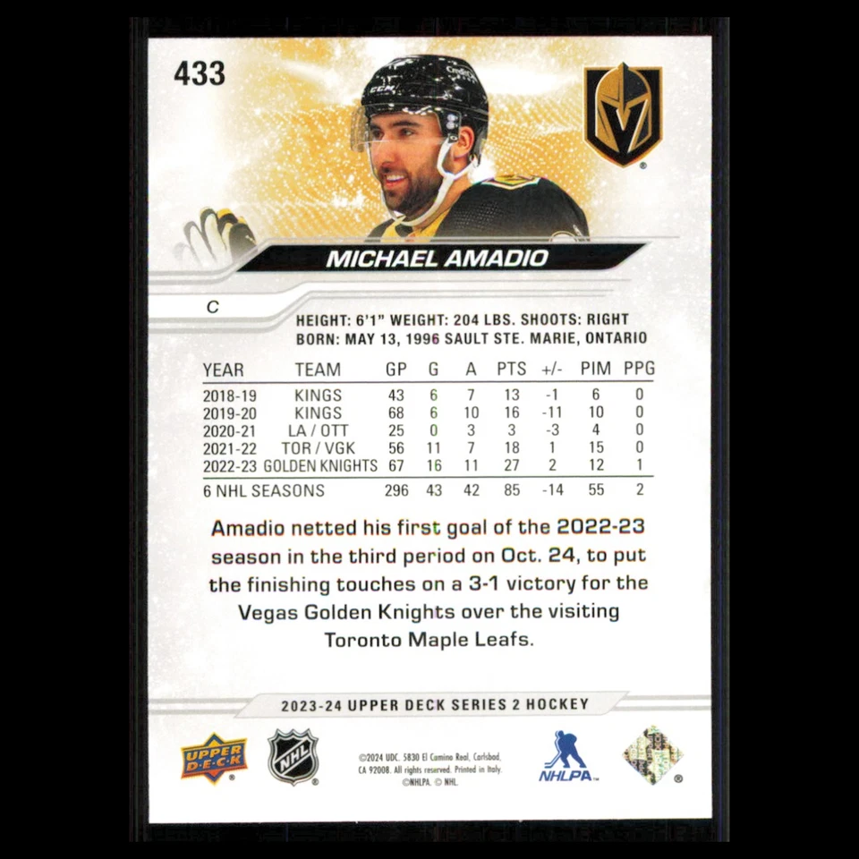 Michael Amadio #433 2023 Upper Deck Vegas Golden Knights Hockey Card NHL NM - Image 2 of 3