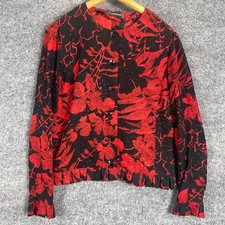 Vintage Louis Feraud Blouse Womens 12 Red Black Floral Silk Ruffle Button Down