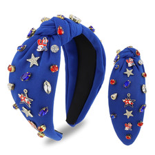 4Th of July Headband for Women Blue Rhinestone Crystal Patriotic Knotted