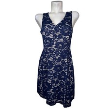 Vince Camuto Navy Blue Floral Lace V-Neck Sleeveless Fit Flare Dress Size 6