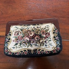 Vtg Black  Floral Petit Point Tapestry,Amber Lucite Frame Cosmetic / Clutch Bag