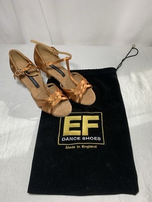 EF Dance Shoes & Dust Bag Size 35.5 Dark Tan Satin Latin Rhythm Copper T Strap
