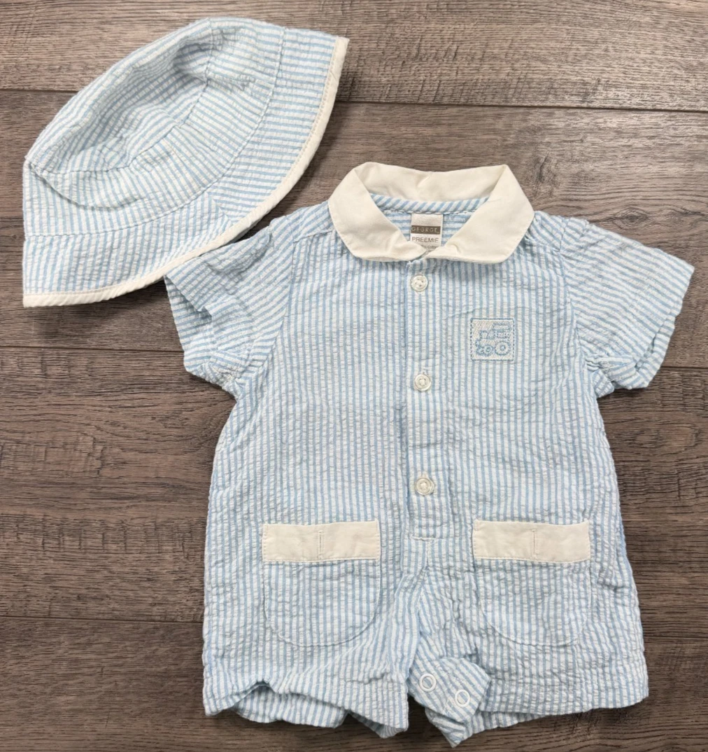 Baby Boy Clothes George Preemie 2pc Blue Train Romper Outfit & Hat