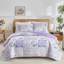  3 Pieces Floral Quilt Set Queen, Patchwork n Pink Flowers Queen-90"x90" Purple