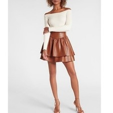 Express Women's Brown Vegan Leather Tiered Mini Skirt Size Medium