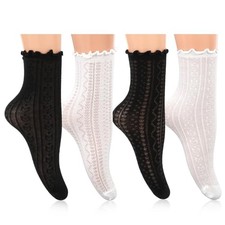 4 Pairs Womens Ruffle Socks, Mesh Cotton Hollow Socks, Casual Sheer Lace Sock,