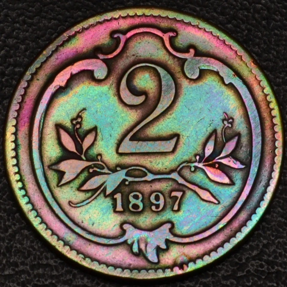 1897 Austria 2 Heller Rainbow Toning XF DETAILS (L45-13) - Image 3 of 3