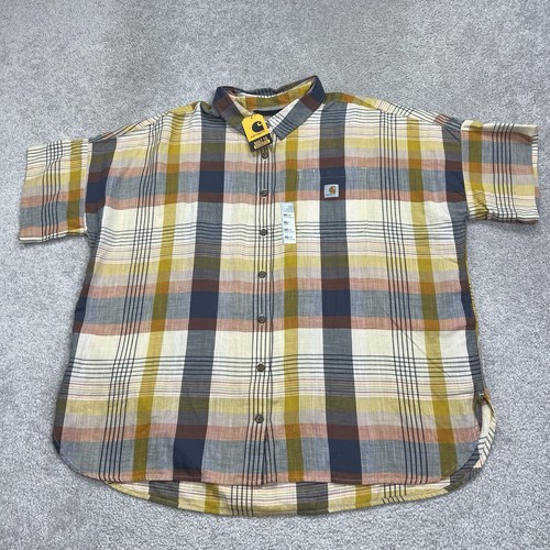 Carhartt Shirt Womens 2XL 20 Loose Fit Twill Short Sleeve Plaid Yellow Blue NWT