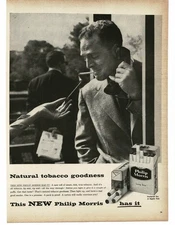 1956 Philip Morris Cigarettes man waiting for train Vintage Print Ad