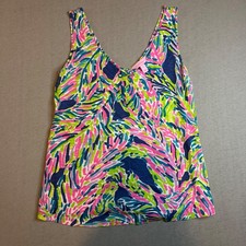Lilly Pulitzer Etta Tank Top XS Pink Green Navy Blue Palm Leaf Print Cotton Slub