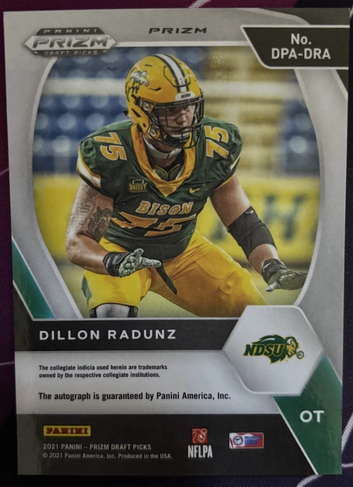 2021 Panini Dillon Radunz Prizm Auto RC Rookie Draft now with New Orleans Sants - Image 2 of 2