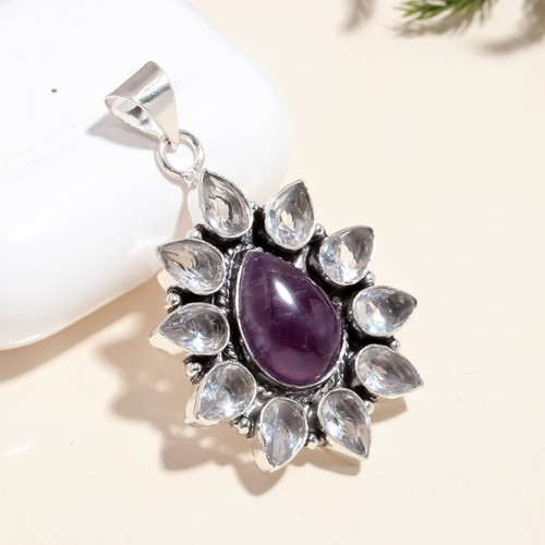 Amethyst, White Topaz Gemstone 925 Sterling Silver Jewelry Pendant For NECKLACE - Picture 2 of 4