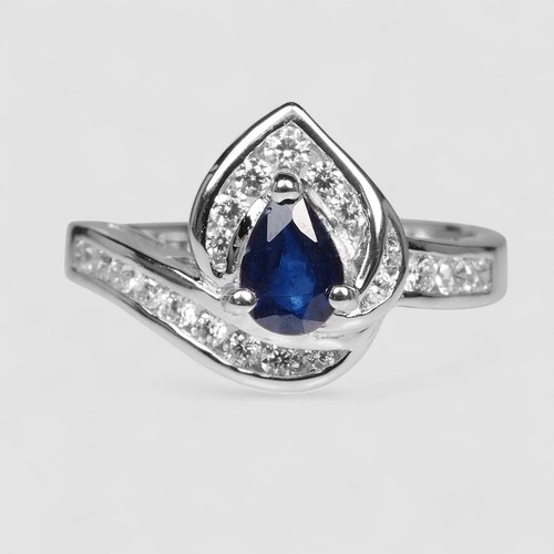 Intense Blue Sapphire Pear 925 Sterling Silver White Gold Plated Rings Size 6.25 - Imagen 2 de 8