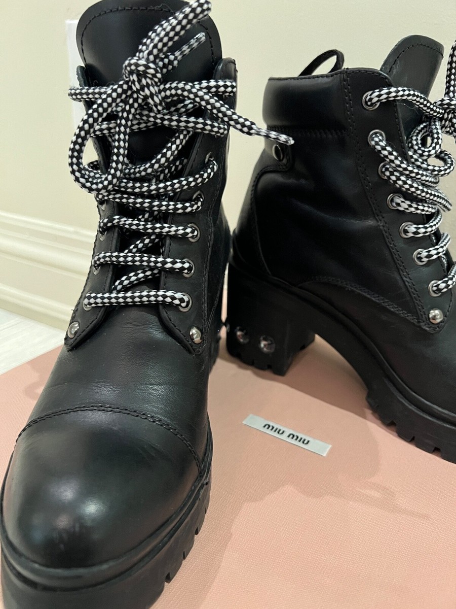 MIU MIU Black Crystal Studded Platform Combat Booties - Size 38 or