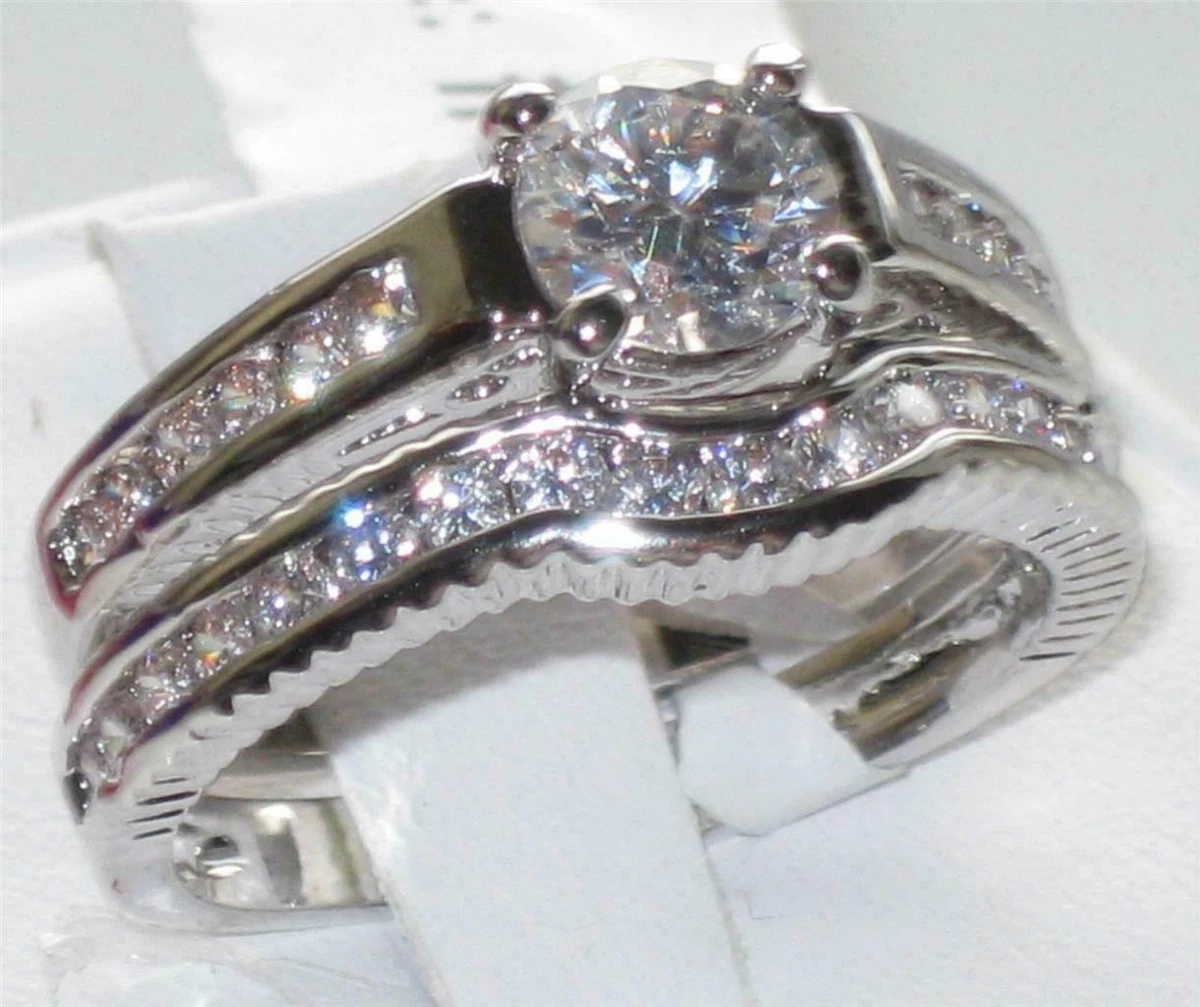 Ladies ring set engagement wedding band cz stainless steel 2 carat
