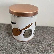 Weibro Vtg Tin Canister J L Clark 6 in Chicago USA White & Copper Kitchen 60s