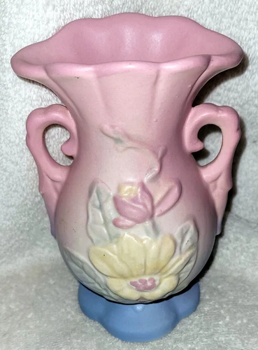 Vintage HULL Magnolia  Vase  Double Handle 13 - 4 3/4  Art Pottery Floral Pink
