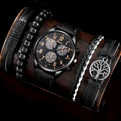 Juego 5 relojes cuarzo casuales moda negros hombre cuerda mano forma árbol vida